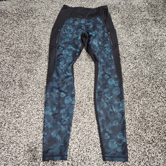 Athleta Pants - Athleta Frost Hi Traverse Leggings Hi Rise Black Green Floral Fairy Pockets Sz S